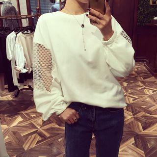 Long-sleeve Mesh Panel Plain Top