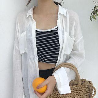 Set: Long-sleeve Blouse + Stripe Spaghetti Strap Top