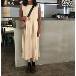 Plain Mock-neck Long-sleeve Top / Midi Pinafore Dress