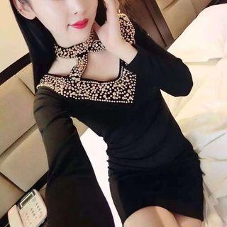Studded Cut-out Long-sleeve Mini Sheath Dress Black - One Size