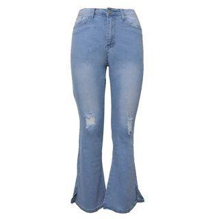 High Waist Distressed Washed Bell Bottom Jeans