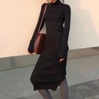Turtleneck Long-sleeve Knit Midi Sheath Dress
