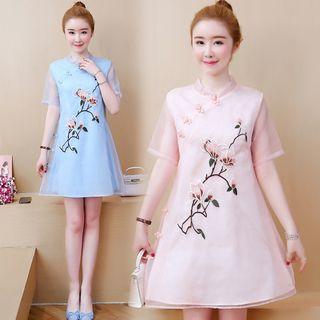 Traditional Chinese Short-sleeve Embroidered Mesh A-line Mini Dress