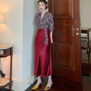 Floral 3/4-sleeve Top / Midi A-line Skirt