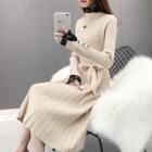 Lace Trim Turtleneck Long-sleeve Knit Midi A-line Dress