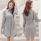 Long-sleeve Plaid Mini Shirt Dress Light Gray - One Size