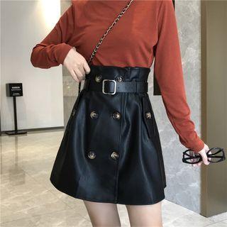 Faux Leather High-waist Double Breasted Mini Skirt