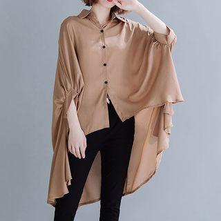 Dipback Elbow-sleeve 3/4-sleeve Chiffon Blouse Light Brown - One Size