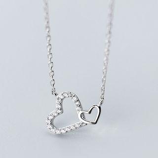 925 Sterling Silver Rhinestone Heart Pendant Necklace Rhinestone Heart Pendant Necklace - One Size