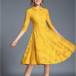 Lace Elbow Sleeve Collared Dress