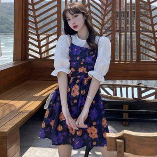 Puff-sleeve Top / Spaghetti Strap Floral Print Mini A-line Dress