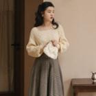 Set: Cable Knit Sweater + Houndstooth Midi A-line Skirt