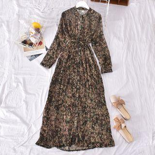 Flower Print Long-sleeve Midi Shift Dress Dark Gray - One Size
