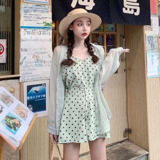 Long-sleeve Plain Light Cardigan / Polka Dot Camisole + Polka Dot Shorts