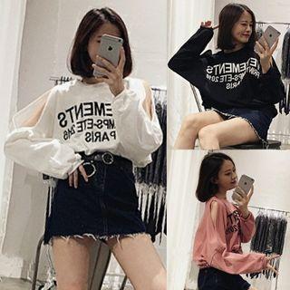 Letter Cutout Shoulder Long-sleeve Top
