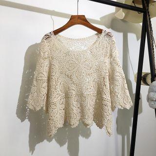 Elbow-sleeve Crochet Knit Cropped Top