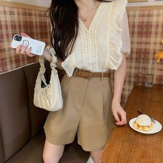 Puff-sleeve V-neck Lace Panel Ruffled Trim Blouse / High-waist Plain Wide-leg Shorts