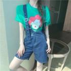 Wide-leg Denim Jumper Shorts / Elbow-sleeve Cartoon Print T-shirt