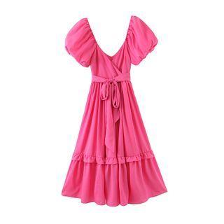 Plain Puff-sleeve Tie-waist Midi A-line Dress