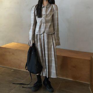 Plaid Single-breasted Jacket / A-line Midi Skirt