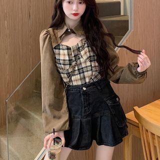 Collared Cut-out Plaid Panel Blouse