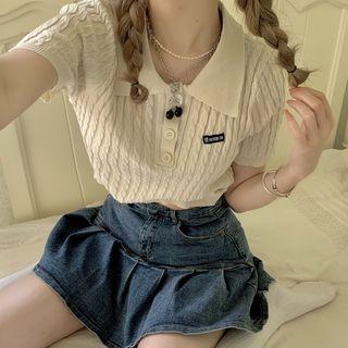 Short-sleeve Lapel Linen Cable Knit T-shirt