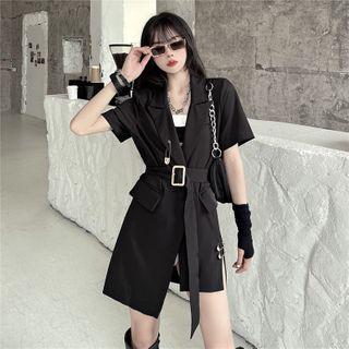 Short-sleeve Belted Mini Dress Black - One Size