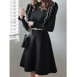 Long-sleeve Ruffle Knit A-line Dress
