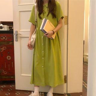 Short-sleeve Midi A-line Shirt Dress Green - M