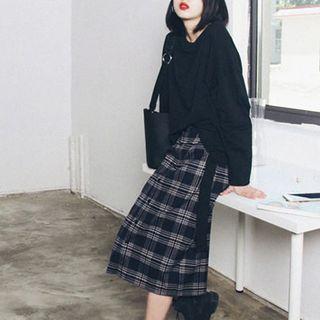 Set: Tie-waist Sweatshirt + Button-front Plaid Midi Skirt