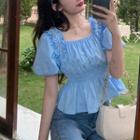 Short-sleeve Faux Pearl Frill Trim Blouse Blue - One Size