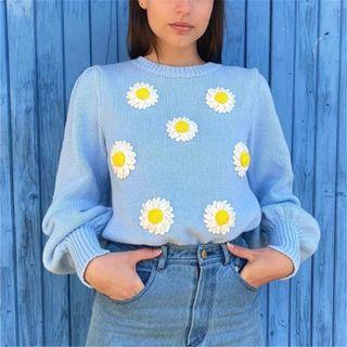 Long Sleeve Floral Embroidered Loose-fit Sweater