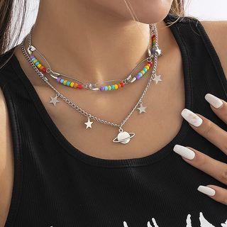 Planet Star Pendant Alloy Necklace / Safety Pin Bead Choker / Dangle Earring / Set