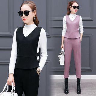Set: Mock-neck Top + Vest + Pants
