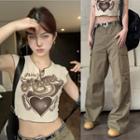 Sleeveless Heart Print Cropped Top / High-waist Loose-fit Cargo Pants