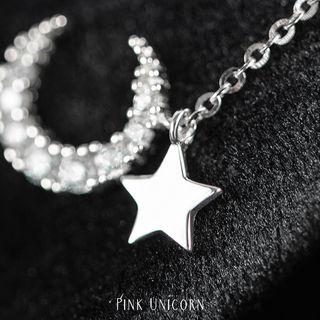 Rhinestone Moon Pendant Bracelet S925 - 1 Pair - Star & Moon - One Size