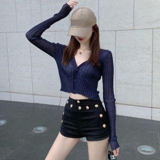 Long-sleeve Knit Cardigan / Button Accent Denim Shorts