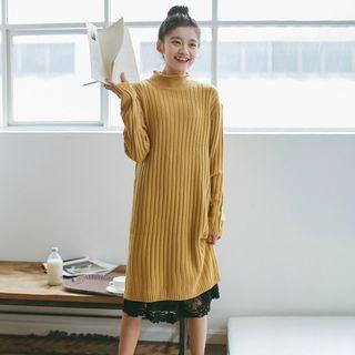 Ribbed Long Sleeve Knit Dress / Lace Hem Slipdress