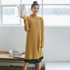 Ribbed Long Sleeve Knit Dress / Lace Hem Slipdress