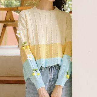 Flower Applique Color Panel Knit Top