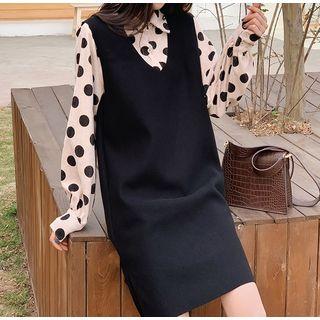 Set: Polka Dot Corduroy Shirt + Sleeveless Mini Dress