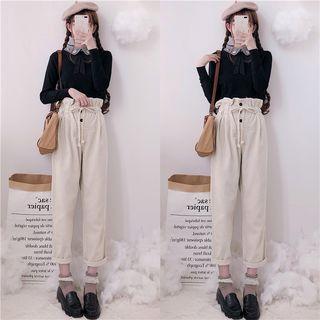 Embellished Collar Knit Top / Straight Cut Corduroy Pants
