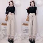 Embellished Collar Knit Top / Straight Cut Corduroy Pants