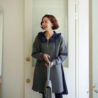 Two-tone Pleated-back Frilled Hoodie Dress