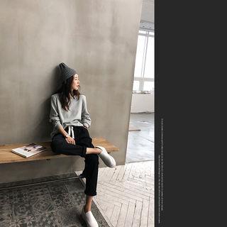 Padded-shoulder Plain Sweatshirt Gray - One Size