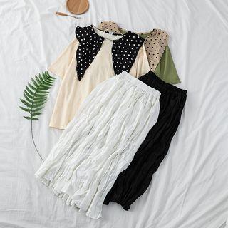 Contrast Dotted Collar Short Sleeve Top / Ruched Midi Skirt
