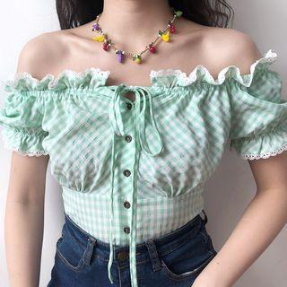 Short-sleeve Lace Trim Gingham Cropped Top