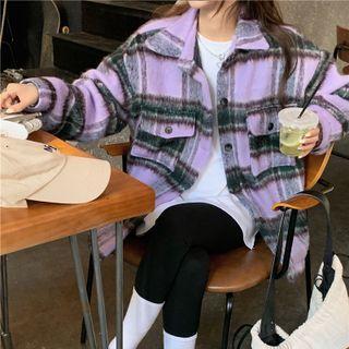 Long-sleeve Plaid Loose-fit Shirt Jacket Purple - One Size