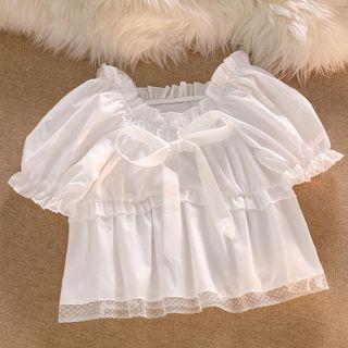 Short-sleeve Bow Detail Lace Trim Blouse White - One Size