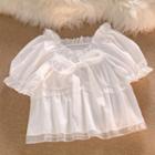 Short-sleeve Bow Detail Lace Trim Blouse White - One Size